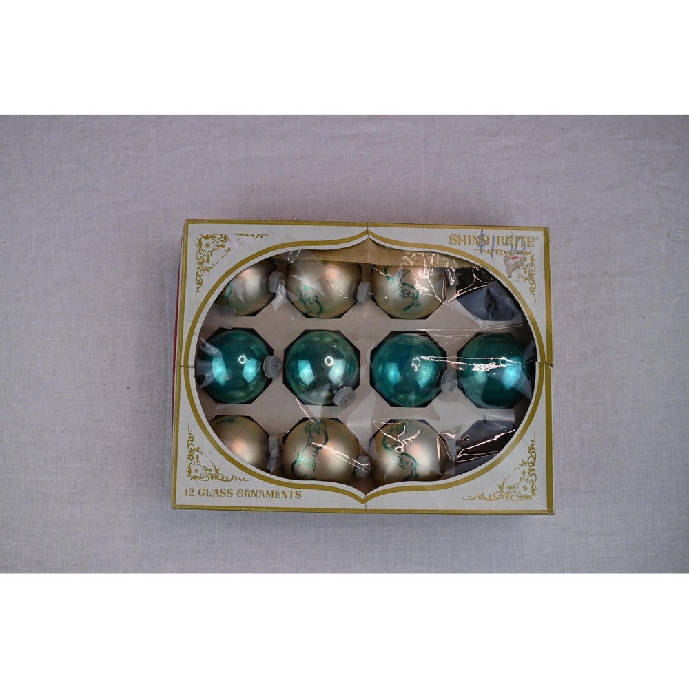 Vintage Shiny Brite Glass Christmas Ornament Set Teal Blue White Birds Box 10pc